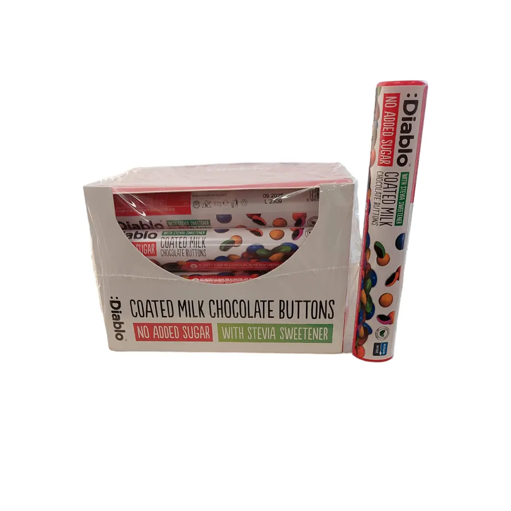 DIABLO COATED MILK CHOCOLATE BUTTONS WITH STEVIA SWEETENER 22 GRS